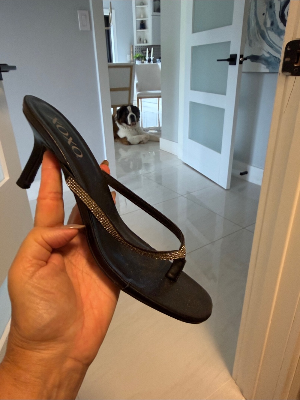 XOXO Black Rhinestone Thong Heels